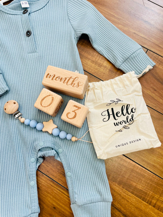 Hello World - Wooden Milestone Cubes in Cotton Bag