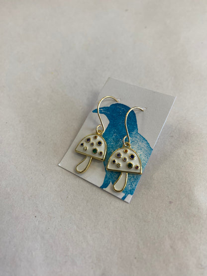 Dirty Bird Jewelry - Gold Filled White Enamel Mushroom Earrings