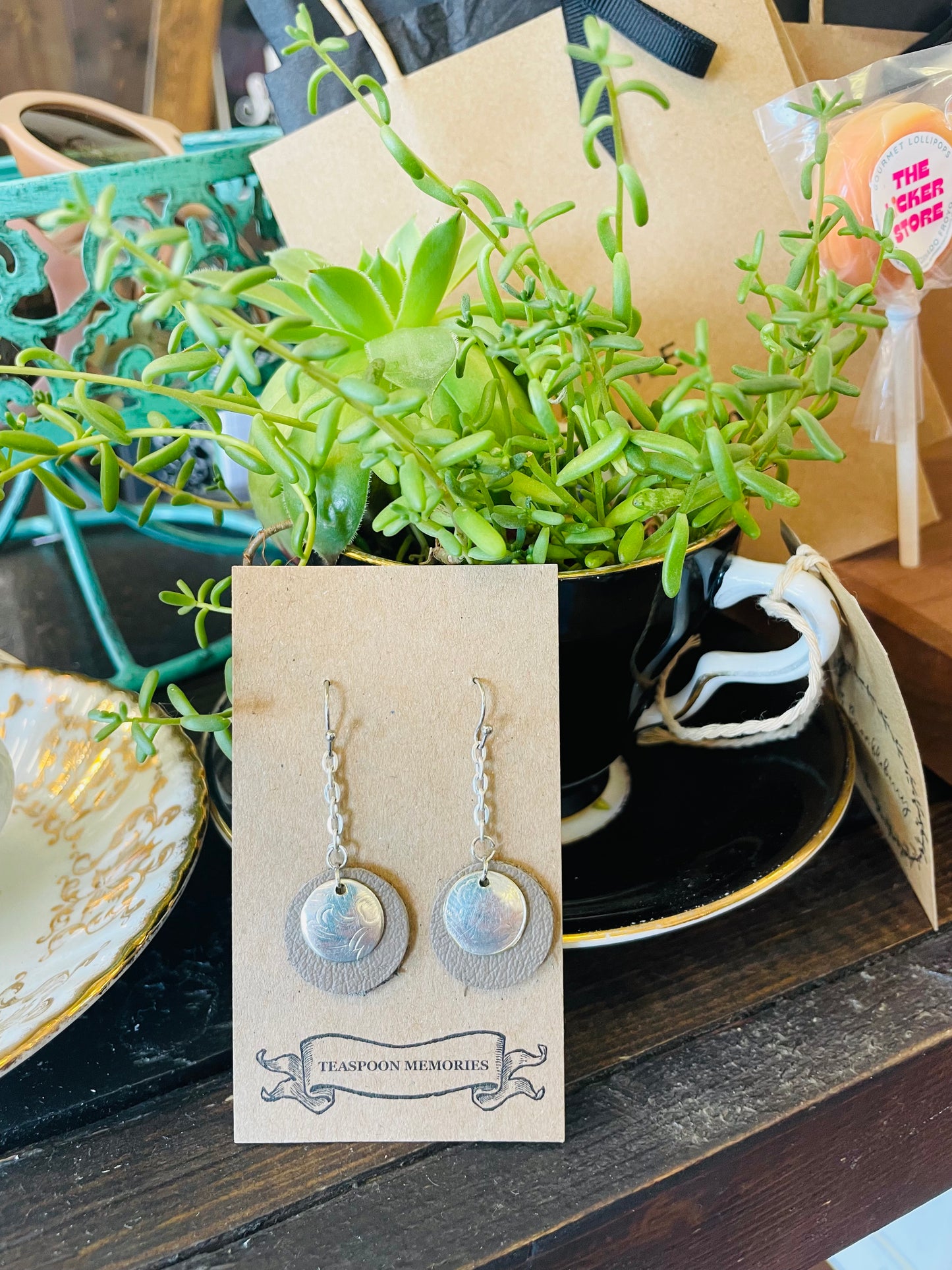 Teaspoon Memories - Leather & Silver Drop Earrings