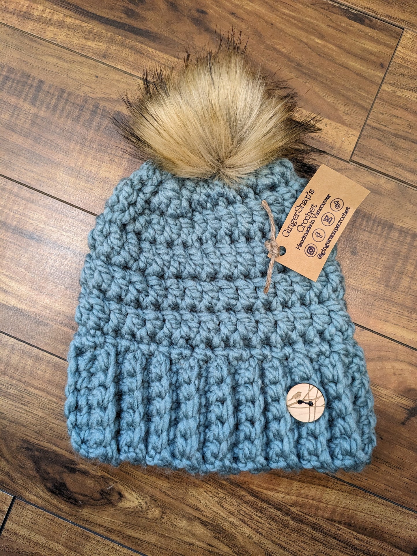 Gingersnaps Crochet - Blue/Green Pom Toque